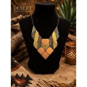 Geometric Metal Statement Bib Necklace Copper Brass Patina Boho Southwestern